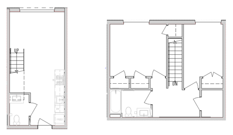 Two floor plans of a house with a staircase.